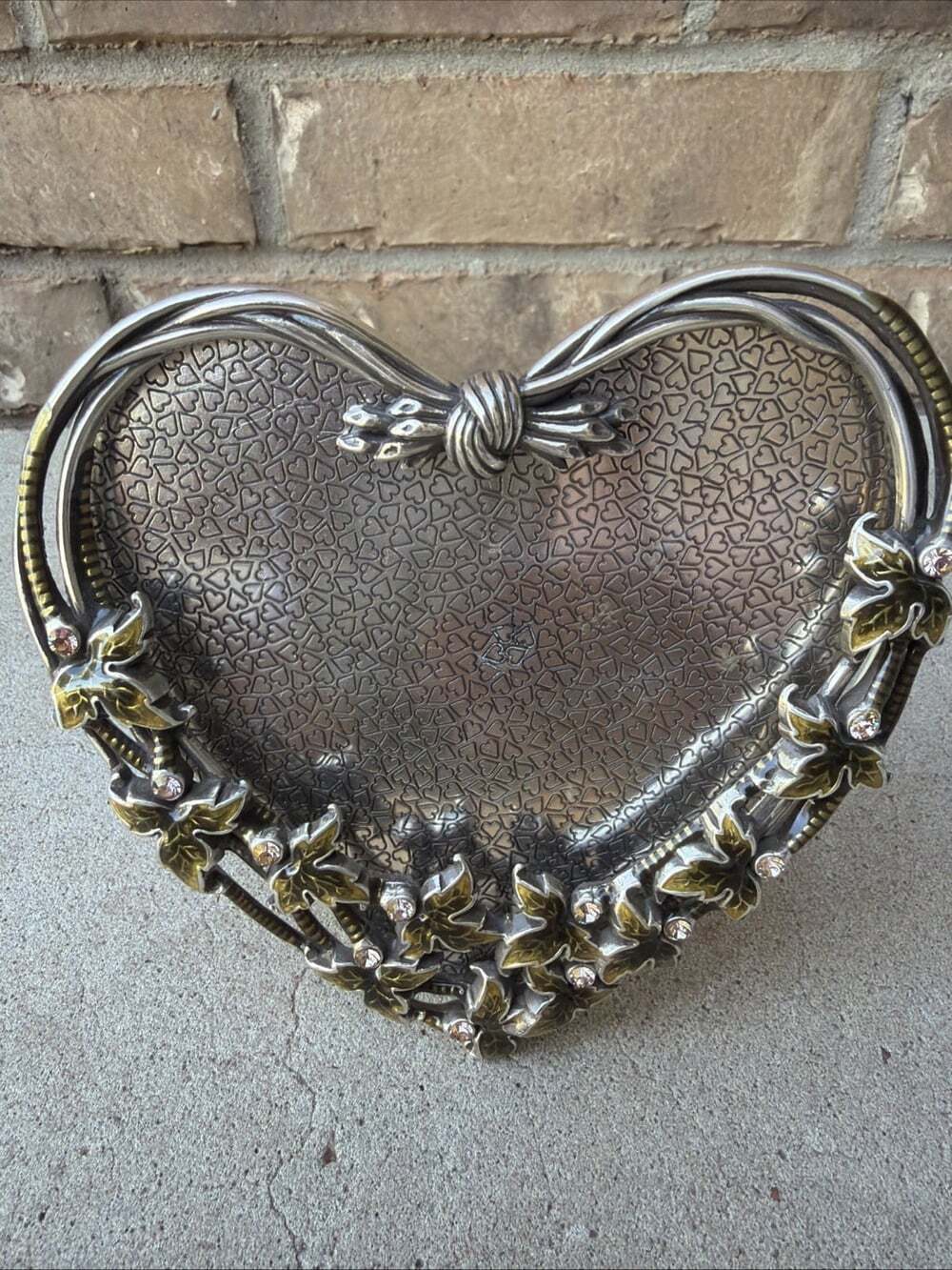 BRIGHTON Silver Tone Enameled Leaves Rhinestone Heart Shape Shaped Picture Frame